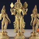 Brass Lord Vishnu with Bhudevi & Sridevi | 13" x 5.8" x 3.9" (33 x 14.7 x 9.9 cm) | 6.9 kg Sacred Art | Divine Trinity Murti